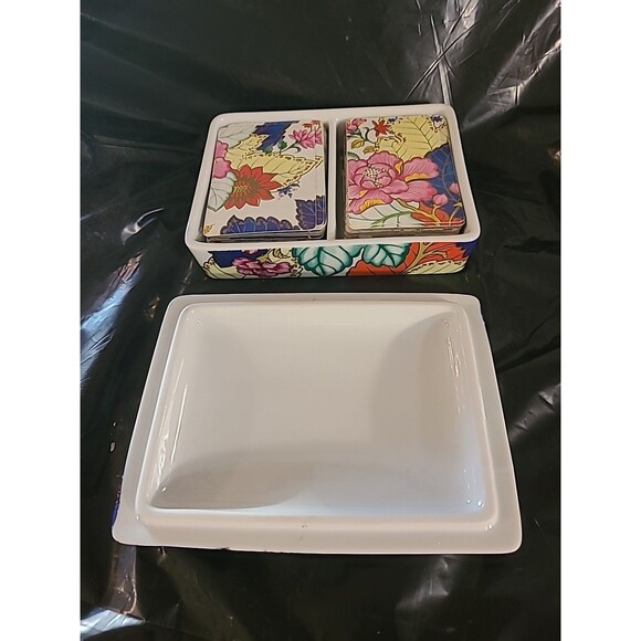 Horchow Vintage Porcelain Playing Card Holder With Flower Design 6.25" X 4.75" - Picture 5 of 6